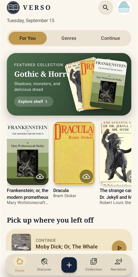 Verso's home screen: the day's featured collection, a continue-reading card and genre shortcuts