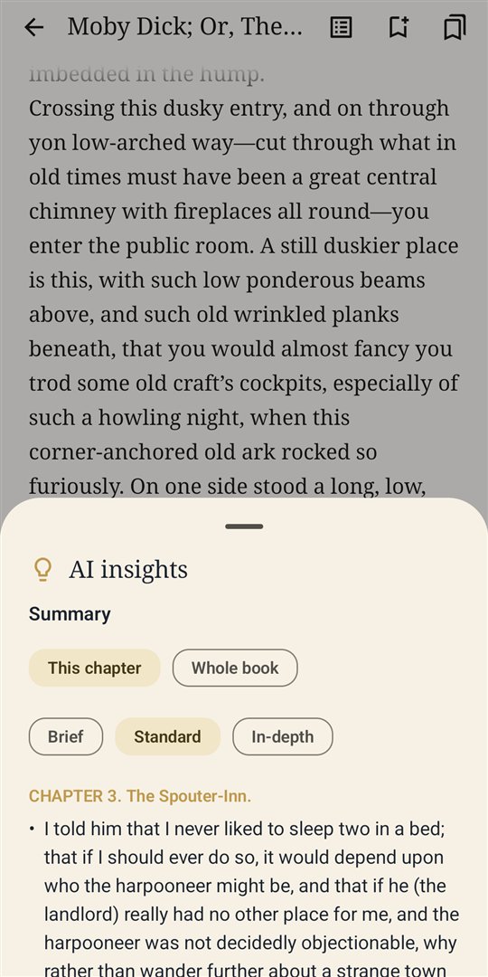 The AI insights sheet with a chapter summary in bullet points